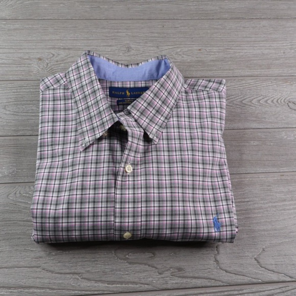 Ralph Lauren Gingham Plaid Button Down Shirt Men's XXL 2XL Slim Fit Pony Logo‎